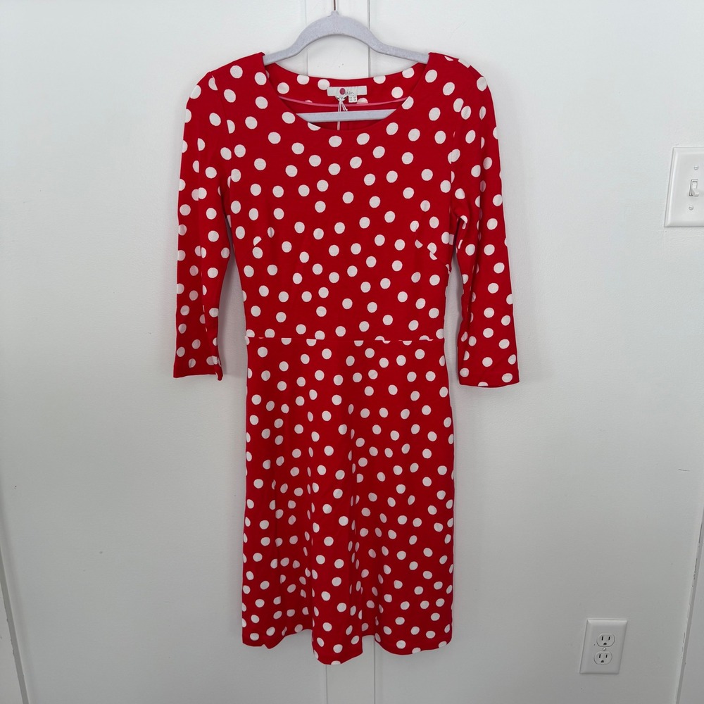 Boden Red and White Polka Dot Long Sleeve Fit-and-Flare Dress